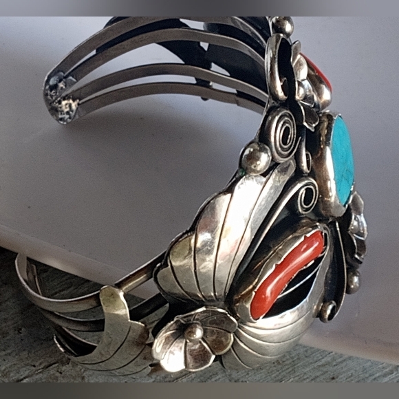 Turquoise Coral VTG Sterling Silver Southwest Signed IB 46 G Cuff Bracelet - Picture 11 of 16